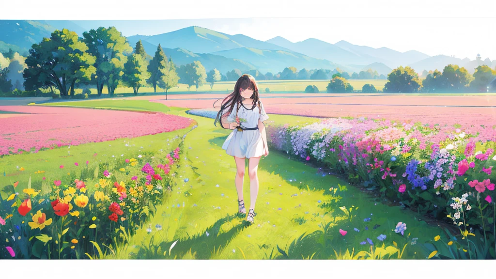 Photorealistic、Highest quality、Highest Resolution、Highest quality、８Ｋ、Beautiful flower field、