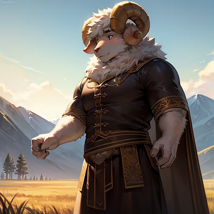 a large strong male sheep, 1 sheep, detailed realistic fur texture, detailed eyes and face, standing in a grassy field, golden hour lighting, dramatic shadows, dynamic composition, photorealistic, highly detailed, 8k, best quality, masterpiece