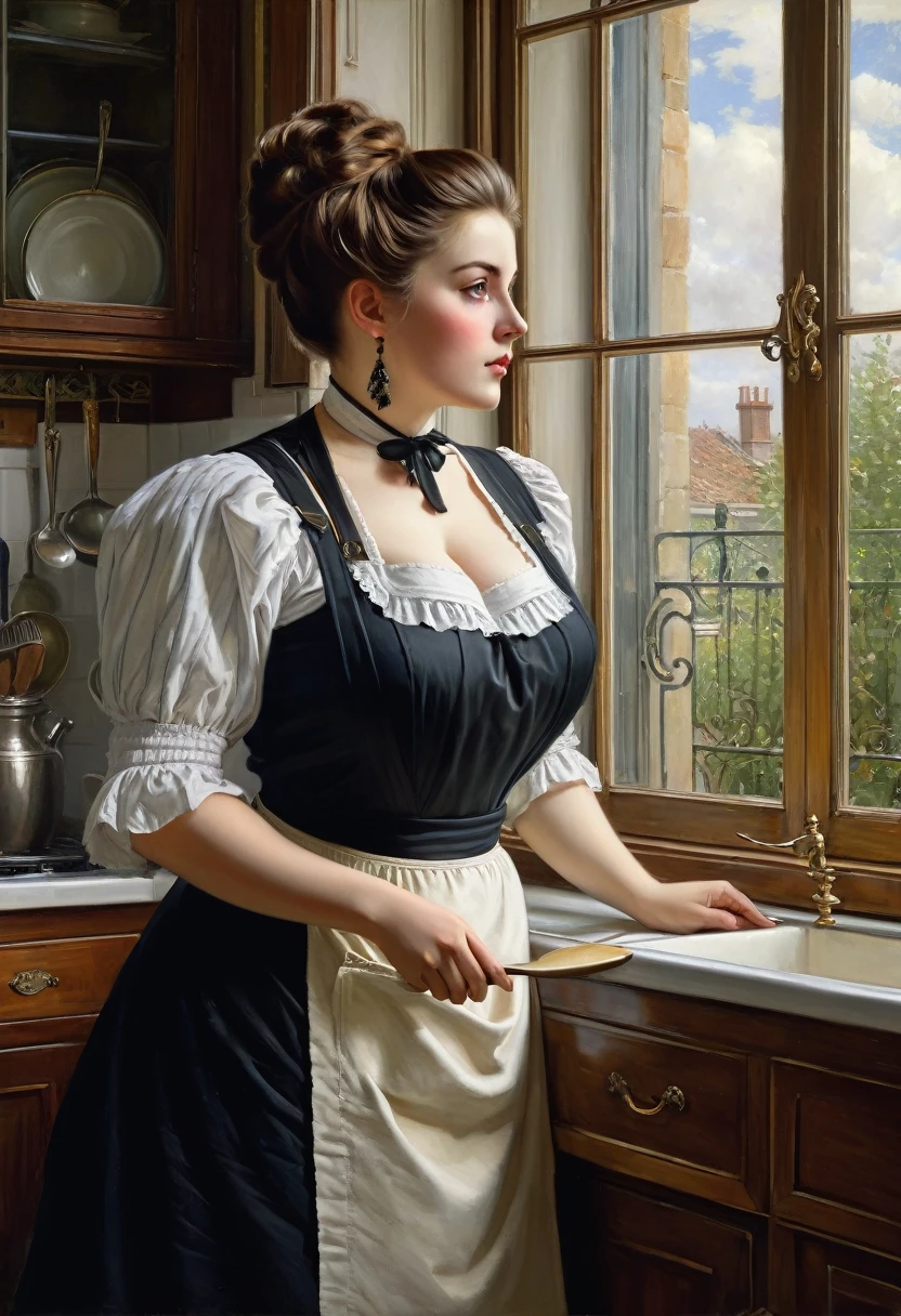 Create a visually engaging scene featuring a  Full body shot in side view of a voluptuous buxom  Victorian widow wearing a black dress and white apron, standing by the kitchen window and gazing out. by Jean Béraud, inspired by Jean Béraud, inspired by Édouard Detaille, edouard leon cortes, inspired by Ivan Kramskoi, inspired by Jean-Louis-Ernest Meissonier, by Édouard Detaille, inspired by Paul Émile Chabas, opulent updo hairstyle, white apron