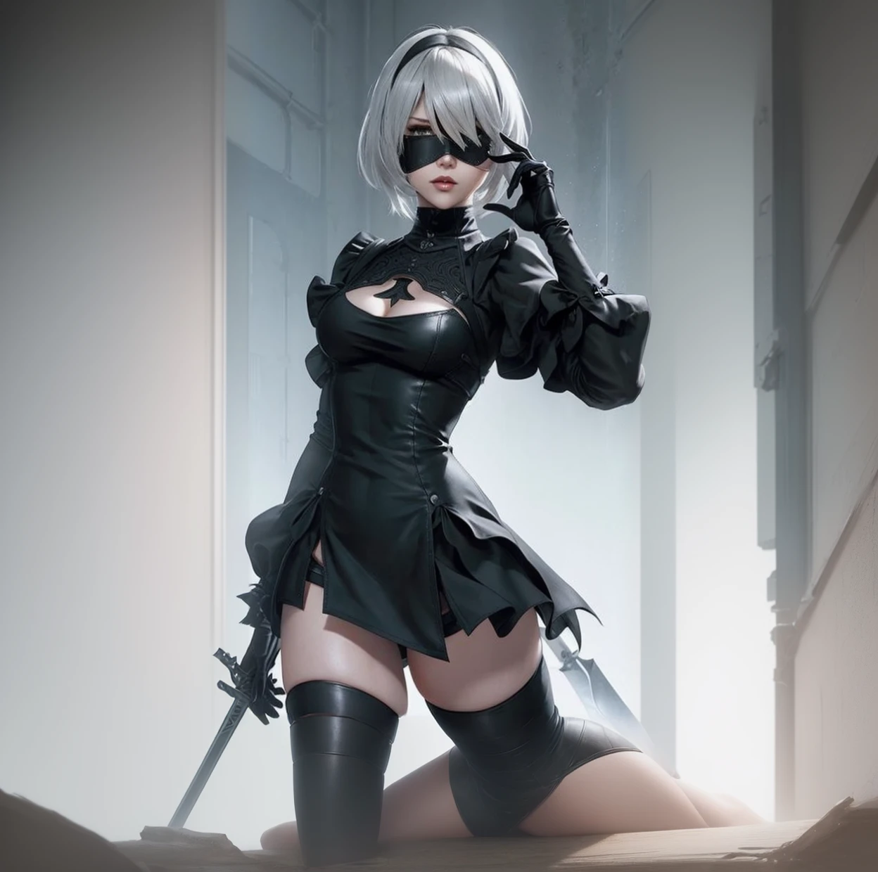 Anime girl with sword and black outfit posing for a photo、2B Nier オートマトン、Nier:Automaton Inspired、Nier オートマタ インスパイア、Nier オートマタの 2 B、Nier オートマタの 2b、2 b、Nier インスパイアー、Nier 2 b、Bad anime 8k、Nier、Female Assassin、8k high quality detailed art