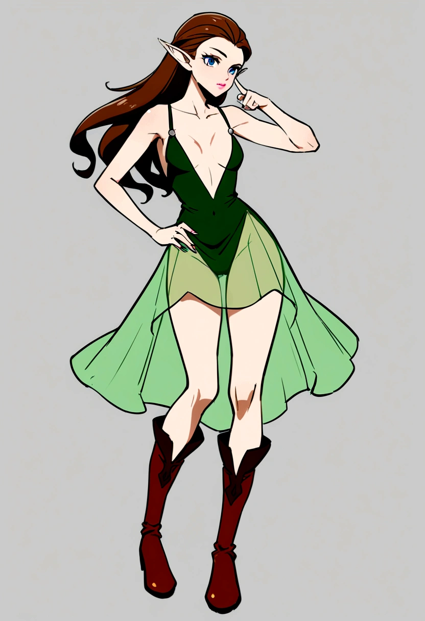 higres, beautiful imagen, 1 girl, most beautiful woman, elf girl, female, archer, dress, transparent dress, see trough dress, green dress, small breast, no bra, no panties, long hair, brown hair, leatter boots, standing, hips bones, blue eyes, finger nails, pink lips, disney style, ((full body)), downblouse, gray background