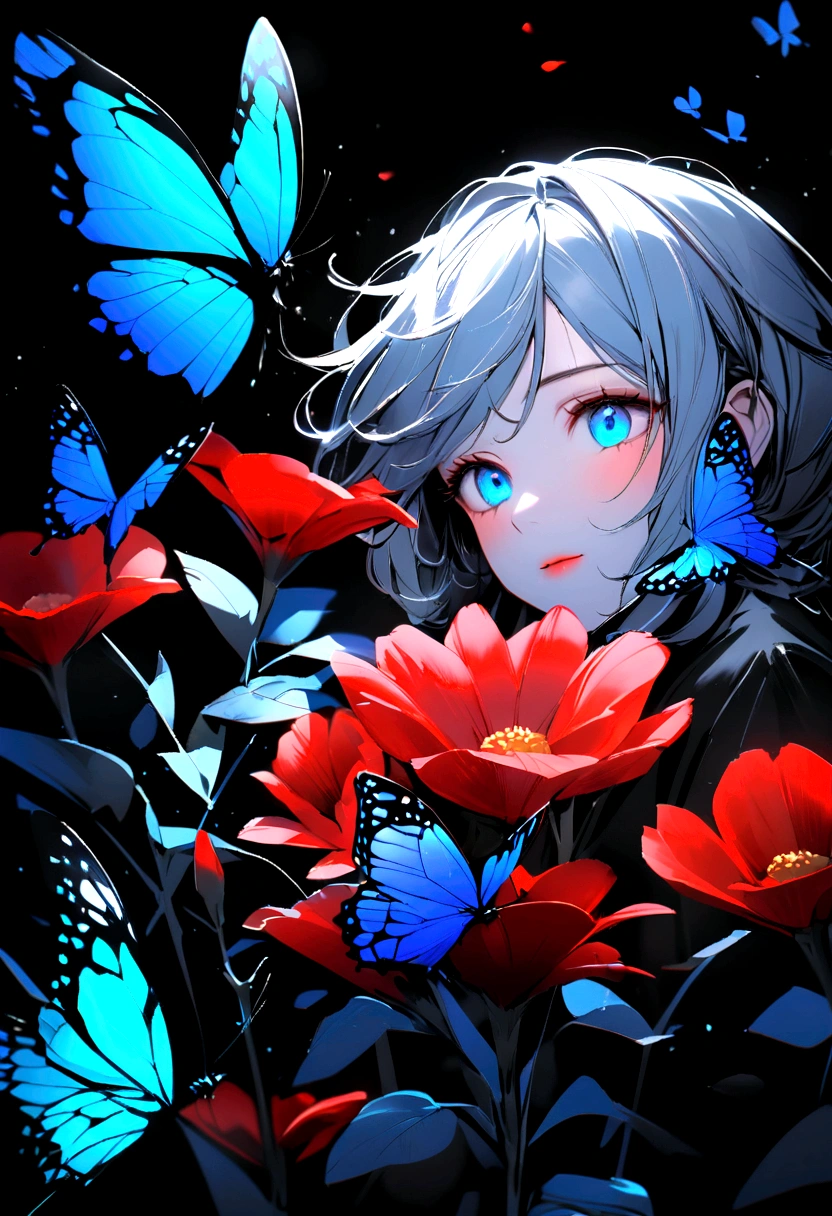 Close-up of a red flower,Red Red!!There are two butterflies on the flower, Black and light blue, flowers and butterflies, Black and blue color scheme, Selective color effects, Butterfly, Glowing blue butterfly, beautiful photo, stunning photo, Splash of Color, blue splashes, beautiful!!!!!!!!!, beautiful”, beautiful!!!!!!!!!!!!, beautiful art, Splash of Color, HD Art