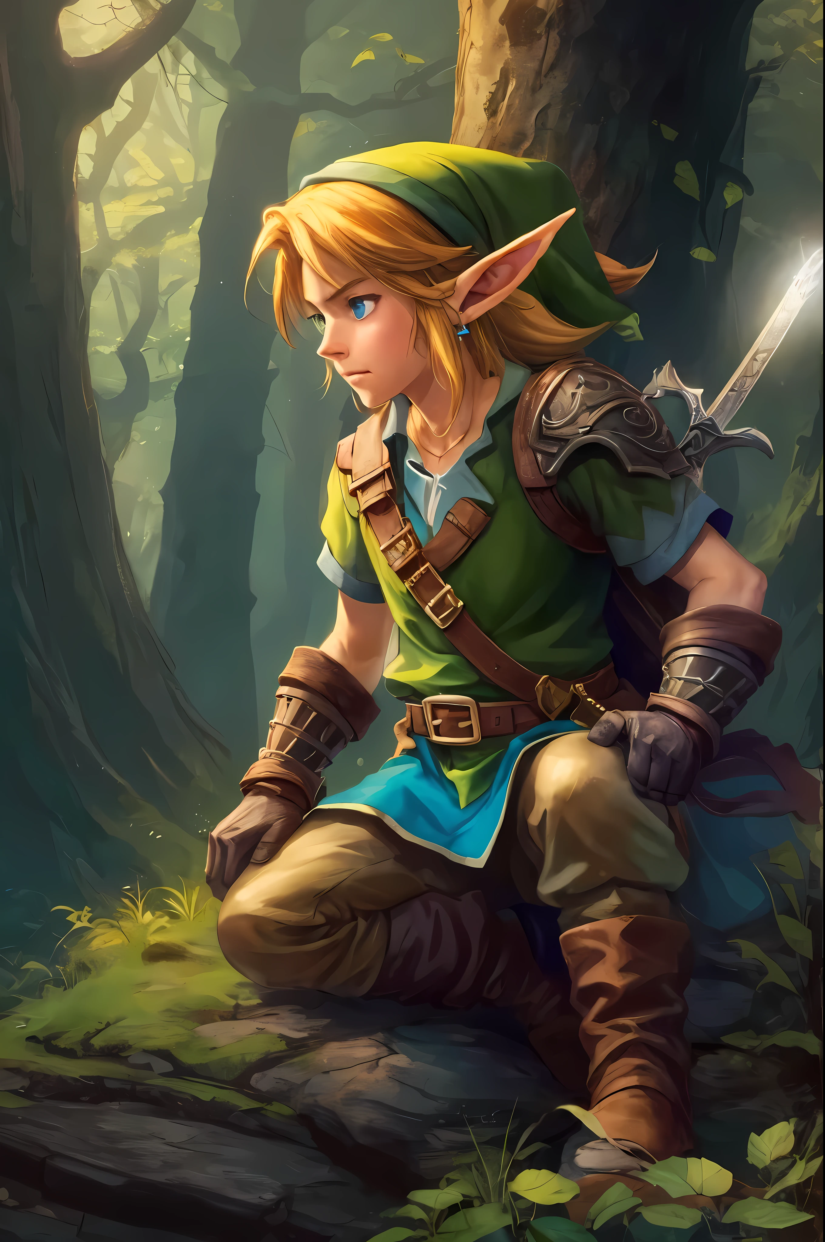 Create a breathtaking, ultra-high-definition image in 16K resolution that captures the essence of high fantasy and adventure, inspired by the creator's original art style from The Legend of Zelda. | Visualize Link, the iconic hero, with his signature green tunic, brown boots, and leather gauntlets. His blonde hair should be slightly tousled, and his determined blue eyes should reflect both his courage and readiness for the journey ahead. Link's ears are pointed, adding to his elf-like appearance, and his expression is one of focus and bravery. | He is equipped with his Master Sword and Hylian Shield, both meticulously detailed to highlight their legendary status. The backdrop is a lush, enchanted forest bathed in the soft glow of twilight, with rays of light filtering through the dense canopy, casting ethereal shadows and highlights. The scene should include subtle elements from the Zelda universe, like faintly glowing ruins or distant, mystical creatures, adding depth and a sense of magic to the environment. | Capture Link in a dynamic pose as he stands on a moss-covered rock, ready for battle. The camera angle is slightly low, emphasizing his heroic stature and the readiness in his stance. His muscular arms and the firmness of his grip on the sword portray his strength and determination. Strategic lighting illuminates his face and armor, casting a heroic glow that highlights the details of his outfit and the textures of his surroundings. The overall ambiance should integrate vibrant colors and rich details, creating a sense of depth and immersion in the fantasy world. Ensure anatomical correctness, with a focus on ultra-detailed textures and high-quality rendering, capturing every nuance of Link's appearance and gear in stunning clarity. This masterpiece should embody the spirit of adventure and heroism, immersing viewers in its lifelike depiction.| ((anatomical correctness)), ((perfect_composition, perfect_design, perfect_layout, perfect_detail, ultra_detailed)).