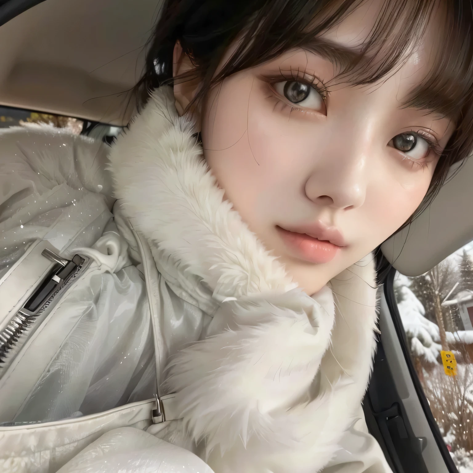 arafed woman in a car with a white fur collar, dilraba dilmurat, ulzzang, sakimichan, shikamimi, jinyoung shin, fluffy bangs, chiho, bae suzy, 🤤 girl portrait, song hye - kyo, 🚿🗝📝, with cute - fine - face, heonhwa choe