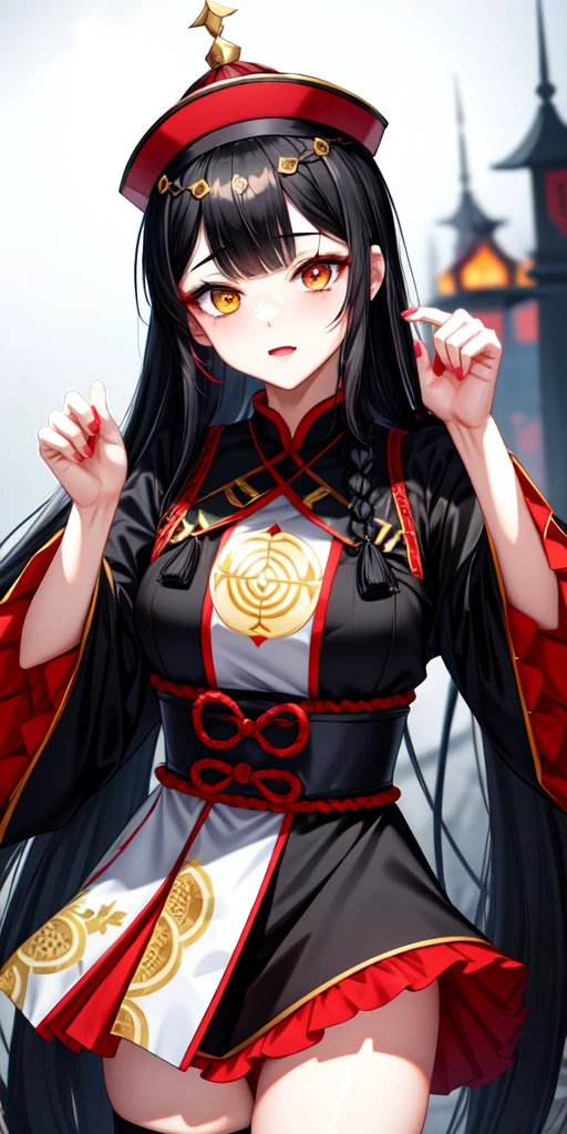 lora:flat:-1.2, masterpiece, best quality, 4k, 8k, 1 woman, solo, tall stature, long hair, blunt bangs, side braid, black hair, ugly face, bad face, bad eyes, droopy eyes, unclear eyes, ruby red eyes, lemon yellow eyes, pale skin, black eyeliner, black eye shadow, heterochromia, slender frame, sad, ofuda, jiangshi costume:1.2, fang, horror, coffin, forest, dark night, stormy weather, fog, from front, cowboy shot, look at viewer, paw pose,