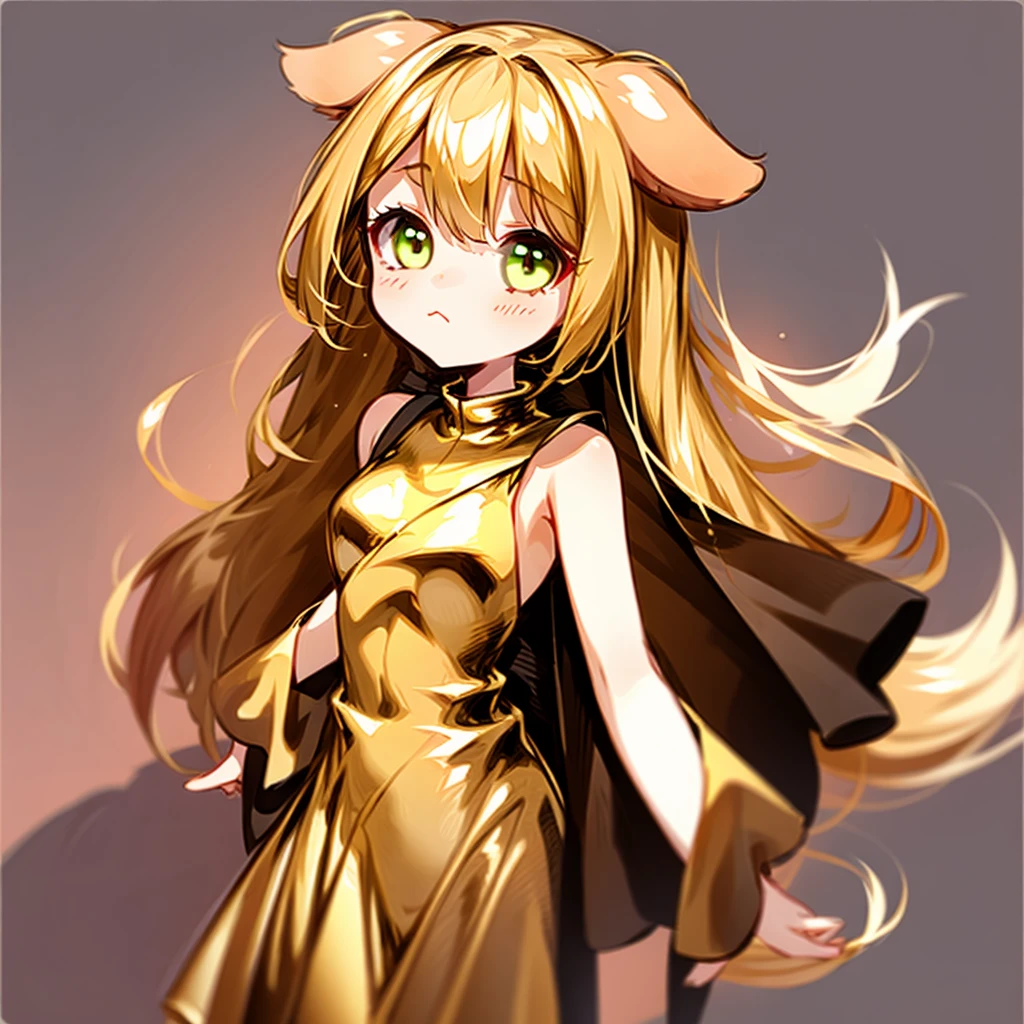 1girl with long golden hair, green eyes, dog floppy ears, dog tail, emoteless face, golden dress with open shoulders, slender body, simple background, chibi style, perfect quality