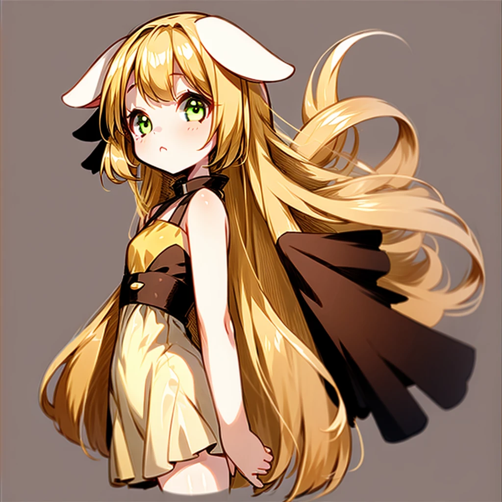 1girl with long golden hair, green eyes, dog floppy ears, dog tail, emoteless face, golden dress with open shoulders, slender body, simple background, chibi style, perfect quality