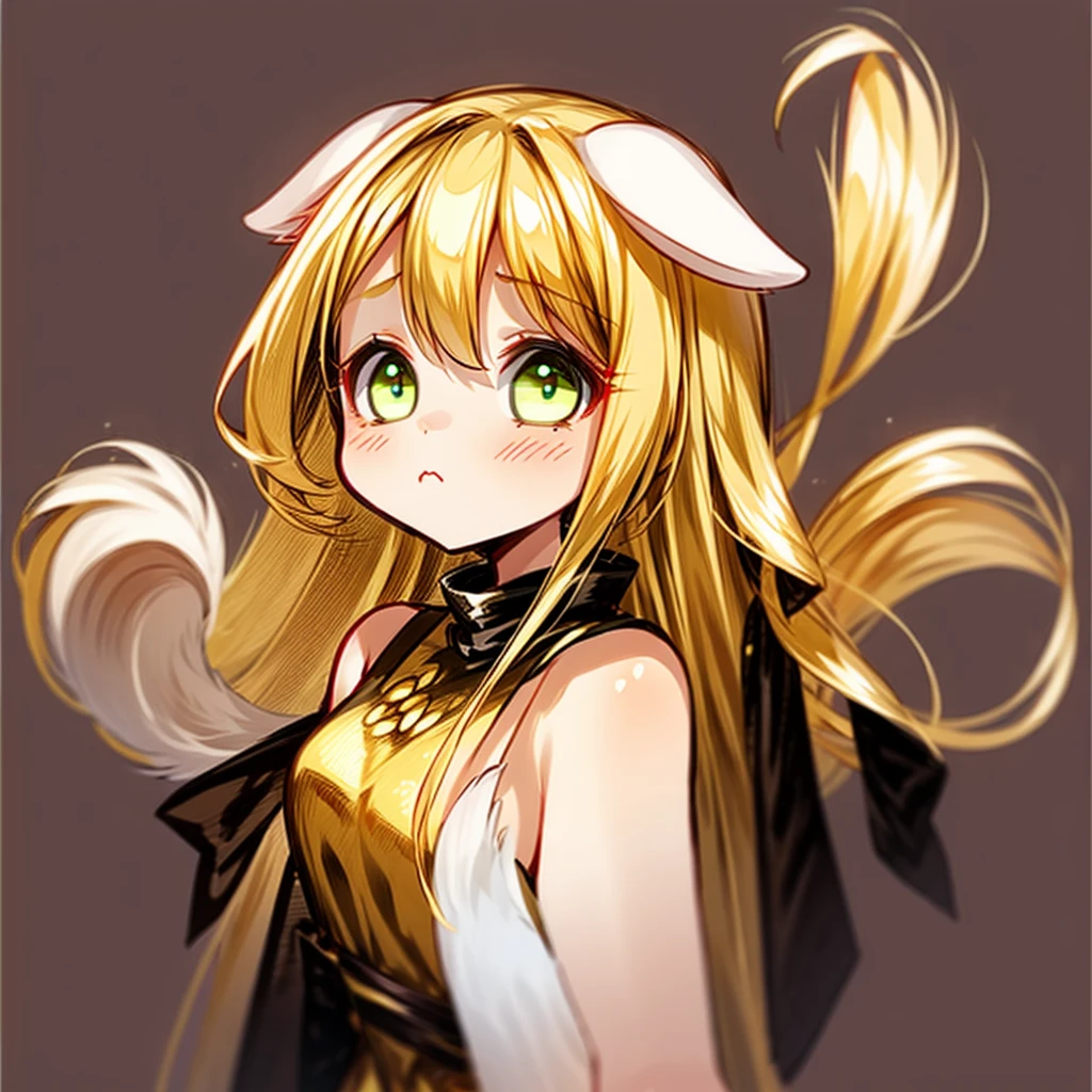 1girl with long golden hair, green eyes, dog floppy ears, dog tail, emoteless face, golden dress with open shoulders, slender body, simple background, chibi style, perfect quality