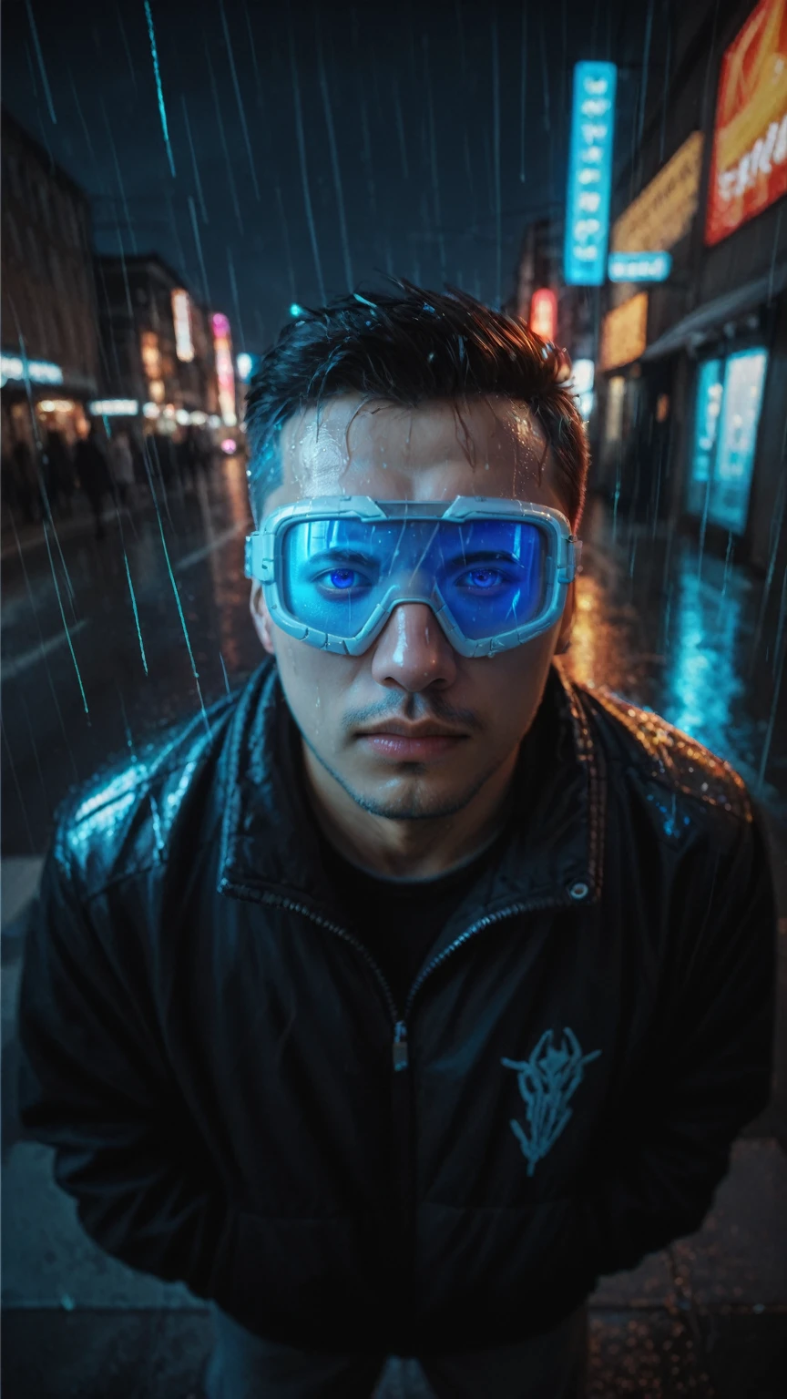 realistic,score_9, score_8_up, score_7_up,
An award winning master piece photo of a cyborg man with psychedelic colors standing in a city street at night in the rain, wearing neon-colored glowing goggles, 8k, (high quality:1.1), (cinematic feeling:1.1), dark deep shadows, incredibly intricate detailing, art , (up close:1.1), from above, looking at viewer, (light sparkles:1.1), (chromatic aberration,:1.2) background with floating light artifacts