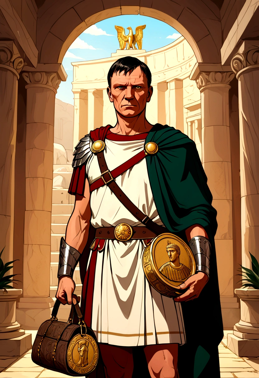 "A detailed image of Marcus Crassus, wearing a laurel wreath and Roman attire, standing confidently and facing the observer. He holds a scroll and a bag of coins, symbolizing his immense wealth. The background is simple, highlighting Crassus and his riches without any additional characters or distractions."
Size: "1024x1024"