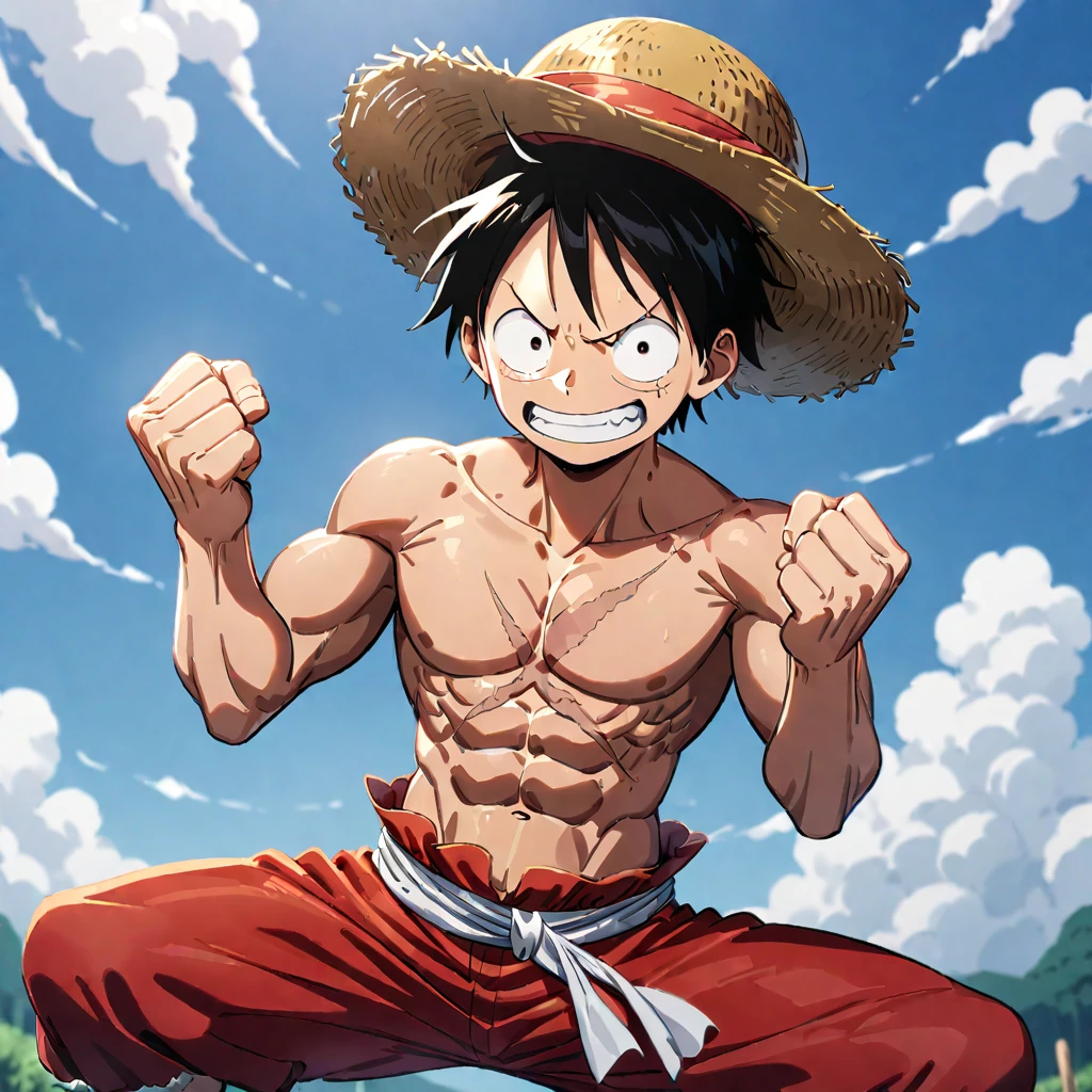 monkey d. luffy, 1boy, male focus, solo, black hair, hat, scar, straw hat, abs, topless male, clenched hands, scar on chest, pectorals, muscular, looking at viewer, parody, ((medium quality)), ((medium quality))