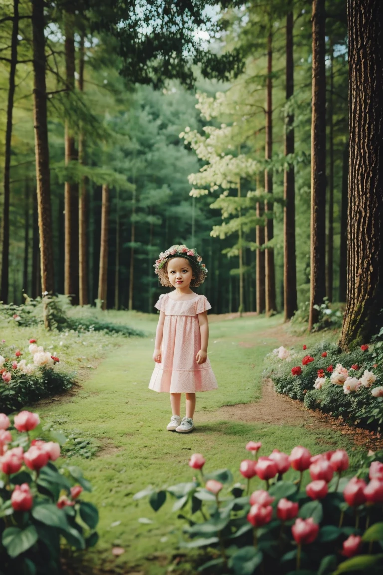 little 2-3 old years girl in forest surrounded by trees, flowers, birds, butterflies, 3d effect, 3d walt disney movie style