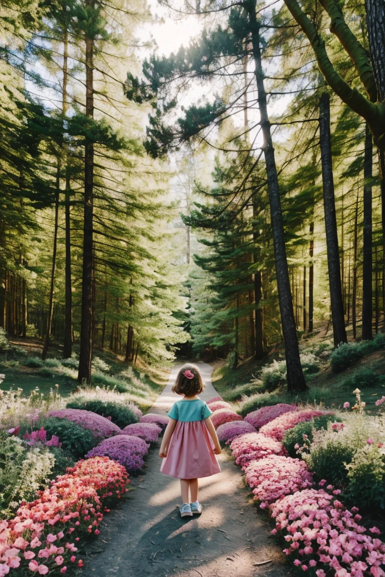 little 2-3 old years girl in forest surrounded by trees, flowers, birds, butterflies, 3d effect, 3d walt disney movie style