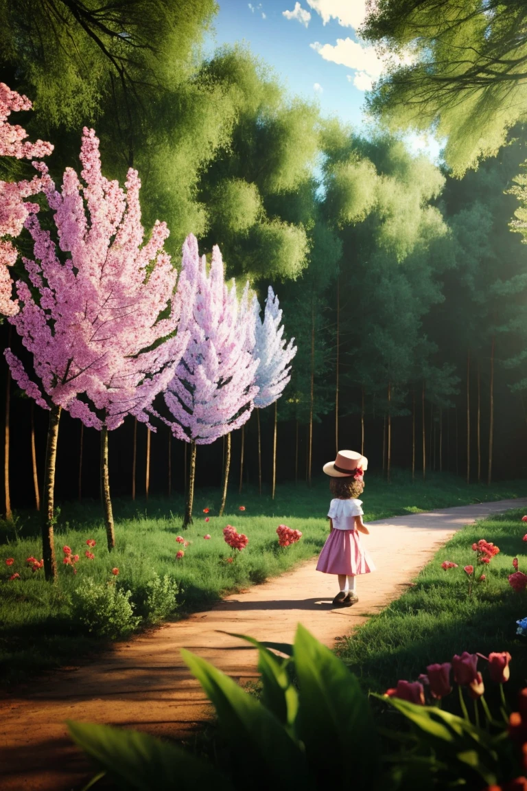  2-3 old yein forest surrounded by trees, flowers, birds, butterflies, 3d effect, 3d walt disney movie style