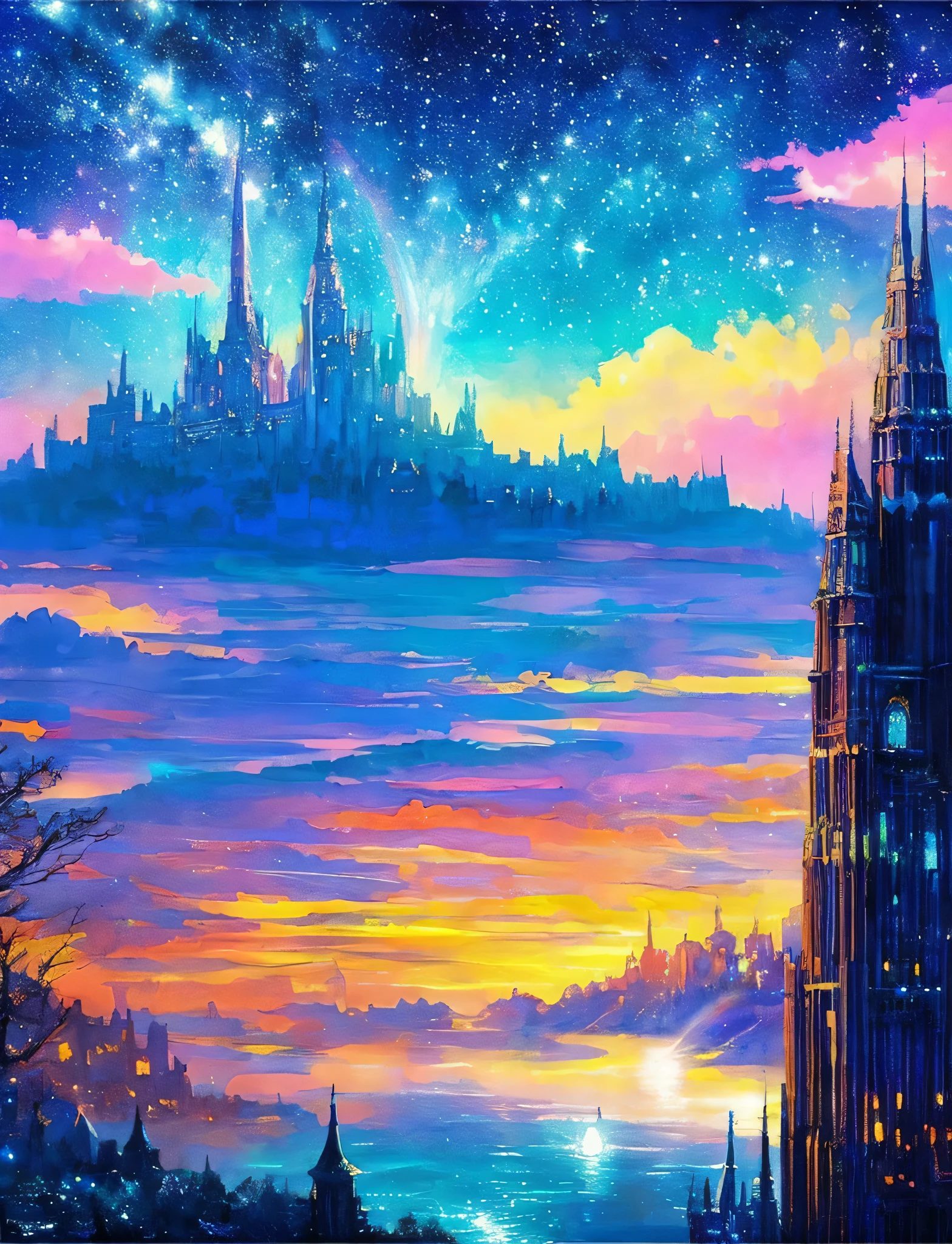 Colorful Metropolitan Museum of Art、Painting of a river with stars and moon in a rainbow sky、Met、輝くskyscraper、Shine overall、skyscraper、Concept art inspired by Tosa Mitsuoki、pixiv contest winners、Highest quality、Fantasy art、Beautiful anime scene、Bright Moon、Moonlight Star Environment、Dream painting、Anime Background Art、Fantasy Landscape Painting、Fantasy Knight、Anime Background、Background artwork、Great art、Atmospheric anime、Starry Sky、details enhanced。