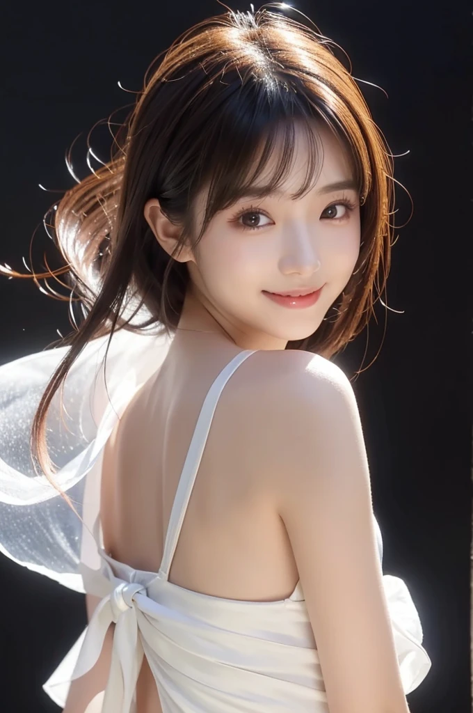 Image resolution 8K、masterpiece:1.3)、Beauty、1 female、(魅力的なBody Type:1.2)、abdomen:1.1、Dark brown hairstyle:1.1、(Body Type:1.2)、Ultra-detailed face、Attractive lips、double eyelid,Wearing a white silk one-piece dress、Super realistic and super cute in every detail、Japanese、Japanese女性、20th generation(28 years old)、Smile with a beautiful smile、Hair blowing in the wind、Short Hairstyle、Light shining from behind、Black background、Filmed in the studio