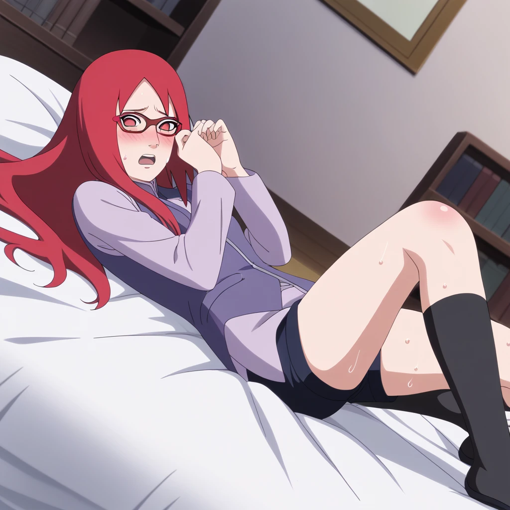 Red hair, 1 Girl, Glasses, Long hair, Red Eyes, Solitary, Long gown, Black over-the-knee stockings, 黑色shorts, Umbilical cord, Looking at the audience,No students, Japanese cartoons screencap, Japanese cartoons coloring,src_Japanese cartoons,Naruto \(series\), Naruto shippuuden,((blush,nervous,Vision,))masterpiece, absurd , (Intricate details), (Colorful), light, Extremely detailed CG unity 8k wallpaper ,1 Girl, solo,(shy,In the hotel,Lying on the bed,night,blush,nervous,Sweating,蕾丝dress, ),sweat,blush,blush1.5,Blush,Medium chest,((dress,Black stockings,luxurious hotel,night,)),(dress,Uncomfortable expression,Mouth open,spit),((Vest,shorts,bookshelf,Kneel down,))