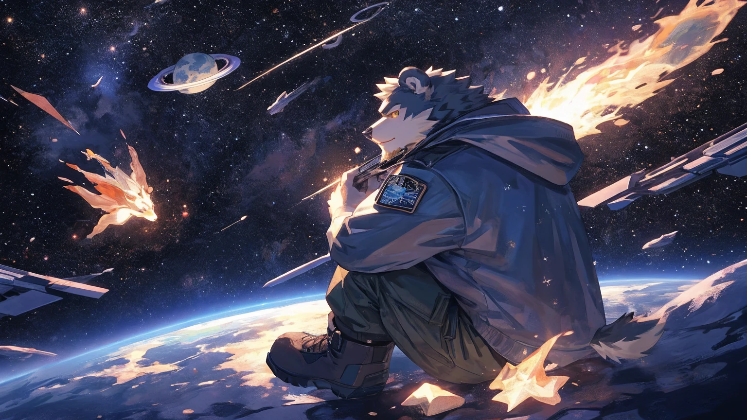 (masterpiece:1.2), best quality,pixiv,official art,perfect anatomy, (Ray tracing, light),solo, (1_male:1.3) , (muscle), (grey fur:1.4), (muscle bear), (beard:1.2), (gleaming golden eyes), bear tail, full body, Thick black eyebrows,(open hooded parka), (naked inside), (cargo pants:1.2), boots , (in the space:1.3) , star , planet , earth , asteroid , (character floating :1.3), clasping round knees