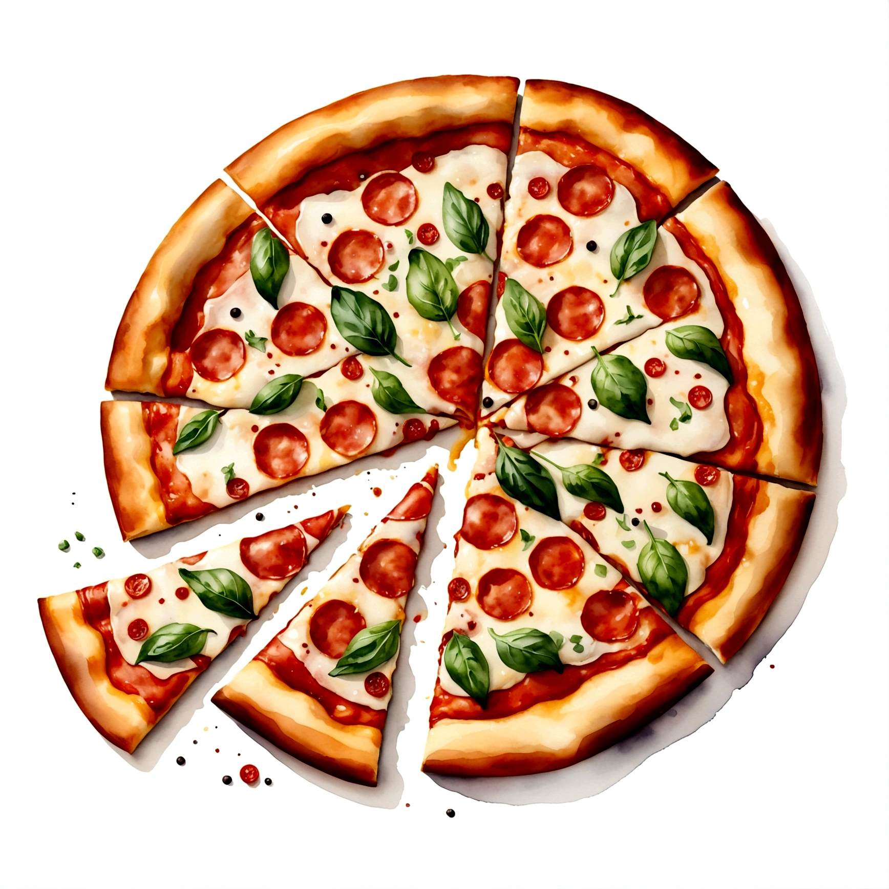there is a huge extremely delicious pizza, illustration, isolated with solid white background, surrounded with negative space, centered compositon, 8k, highly detailed painting, very precise painting, Isolated, clear brilliant white background, perspective angle of view, realistic, watercolor