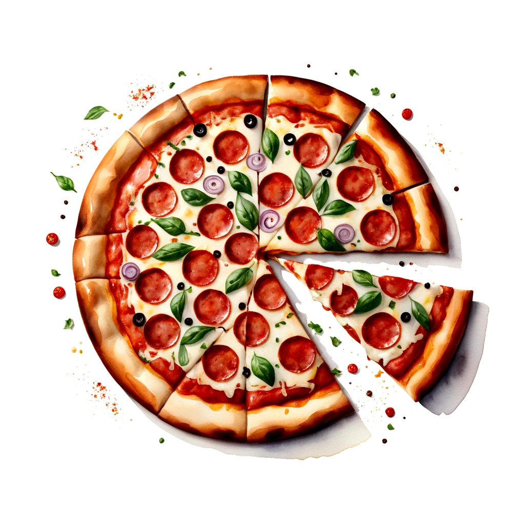 there is a huge extremely delicious pizza, illustration, isolated with solid white background, surrounded with negative space, centered compositon, 8k, highly detailed painting, very precise painting, Isolated, clear brilliant white background, perspective angle of view, realistic, watercolor