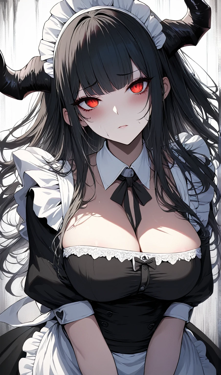 Masterpiece, very detailed, ultra detailed, one, (1 female maid), she's in a maid costume, long black hair and bangs, black demonic horns, beautiful, charming, bright red eyes, elegant, , cold-blood face , cold face, charming, against the background of black shabow and dark shadow around her.