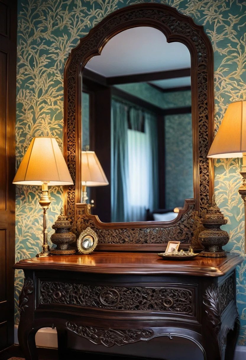Close-up shot of an elegant vanity table in an Indochinese-style bedroom. The table features intricate wooden carvings and is topped with a vintage mirror framed in dark wood. The surface holds traditional decorative items and a few pieces of jewelry. The depth of field (dof) effect highlights the detailed carvings and reflective surfaces, while the background, including patterned wallpaper and a glimpse of the bed, is softly blurred. The lighting creates a soft, warm ambiance.
8k resolution, UHD, high-quality detail, depth of field (dof) effect, cinematic standards, Indochinese style, intricate carvings, vintage elements, warm lighting, artistic composition, elegant bedroom, soft ambient light.