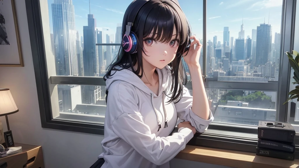 Ultra-high resolution, 8K, (Official Art, beautifully、mysterious:1.2), Anime Art Wallpaper, Works by Makoto Xin Haicheng, Lofi Art Style, Lo-fi feel, Perfect human body composition, Perfect skeleton, Impressive eyes, Oversized hoodie and short skirt, Shiny long black hair, Larger than average bust, Girl listening to music with headphones, Looking out the window, City Room, A room for music lovers, city view from the window, Impressive cityscape, Bright Sky