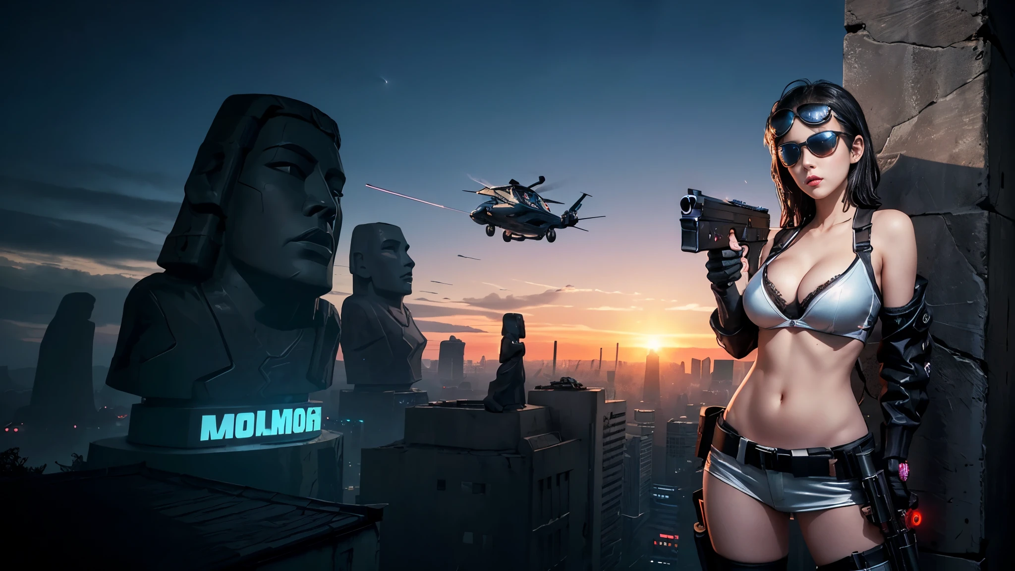 At night, dark sky, aerial view of fantasy cyberpunk style Moai-statue city, ((flying vehicle)). (1girl, solo), photo realistic, medium-breast:1.1 slim body, cleavage, sexy clothes, (black sunglasses), (((hip-up standing aiming pistol pose))), half-body thigh level medium shot, cinematic lighting.