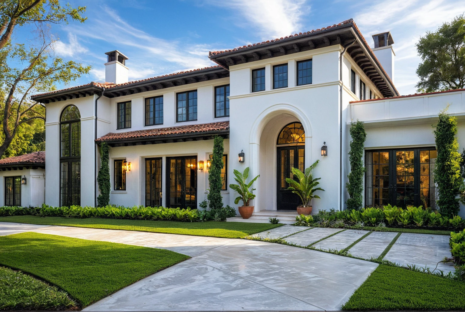 (RAW photo, masterpiece, best quality,ultra-detailed, extremely delicate and beautiful, highresolution, best shadow:1.1), A Mediterranean Italian style home with white stucco walls, black accents and windows, large front yard, vivid color, beautiful shrubs and flower, tropical tree and plants, professional photography in the style of an Italian classic home.