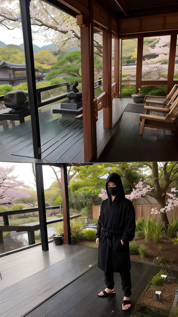 "A ninja in traditional black attire, with a hood and mask covering the face, using a modern smartphone. The setting is a serene Japanese garden with a pond and cherry blossoms in the background. The ninja stands near a stone lantern, subtly illuminated by the lantern's light. The smartphone screen is visible, showing a map. This juxtaposition of ancient and modern themes creates a unique, intriguing scene."