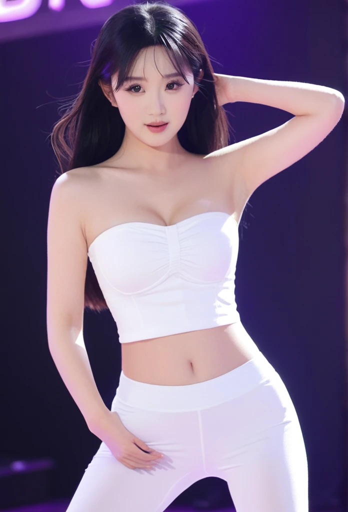 close-up of beautiful Chinese, Ningning is a AESPA South Korean pop girl group, age 22 years old girl, youthful face, perfect body, white body skin, very rapunzel long hair, standard black hair, straight hair, 32 inches breasts size, wearing a plain standard light white strapless tube top, wearing a tight plain standard light white mini short leggings, Ningning holding breasts with her own two hands is very sexy and sigh, Ningning squeezes the breasts very seductively, Ningning lowered her strapless tube top a little bit, Ningning does dance moves very sighing and seductive, the dance that Ningning does is very sexy and seductive, ((Ningning performed a very sexy and seductive dance in front of the audiens)), ((Ningning gets horny when doing a seductive dance)), The audiens were enthusiastic and excited as they watched Ningning's sexy and seductive dance, at the concert stage area place, concert stage area place background, UHD