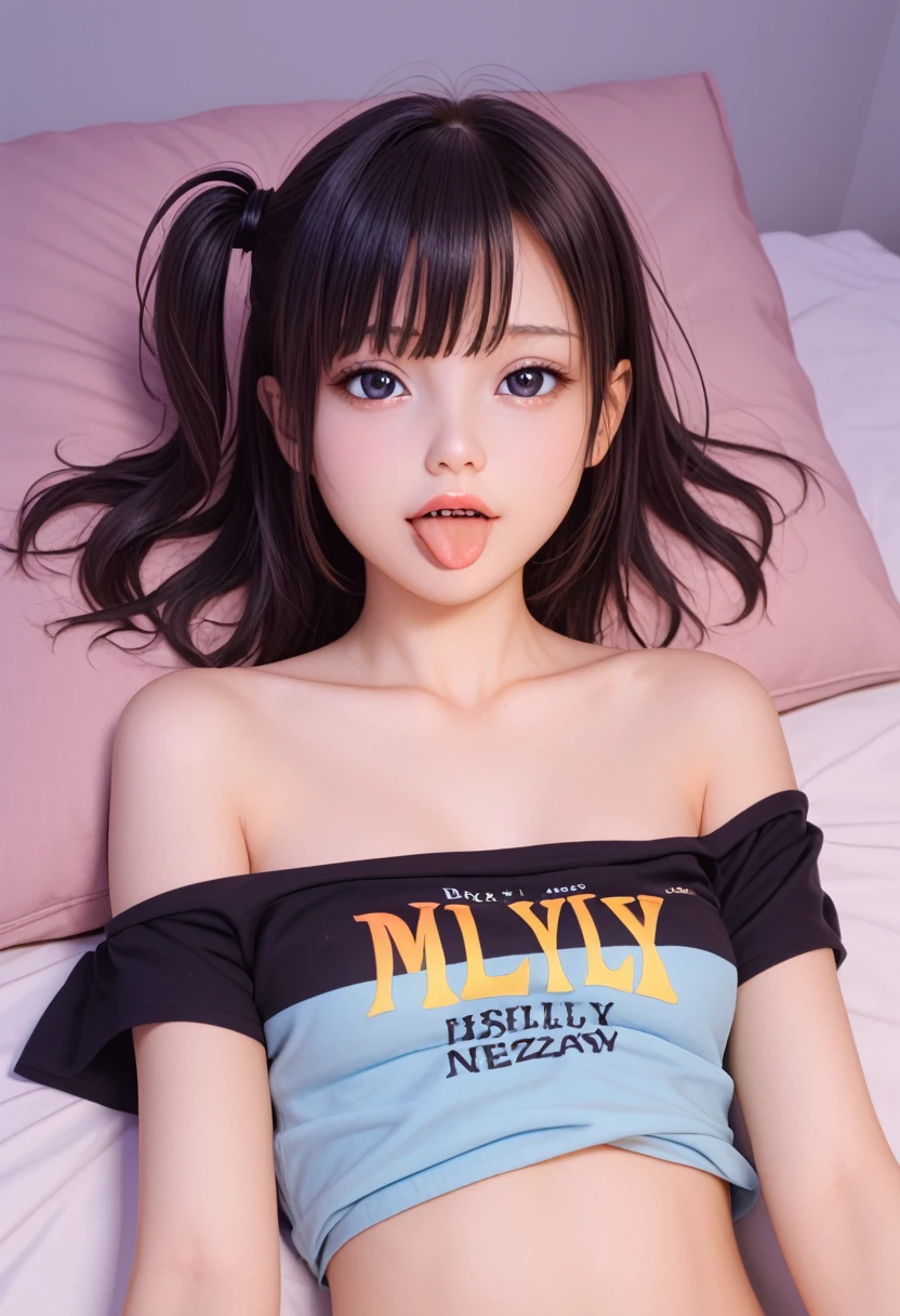 ollarbone,pastel colors t-shirt,off-shoulder look,bare shoulder,midriff peek,micro shorts,open mouth,(tongue out:2),lying,front view,upper body,Embarrassed,(1girl,Beautiful 14 year old girl),((Slender,Small breasts,Small face,)),(looking at viewer),Black Hair,bangs,one side up,Beautiful and detailed,(Dimly lit room:1.5),Simple Background,bed,pillow,best quality,Brilliant Quality
