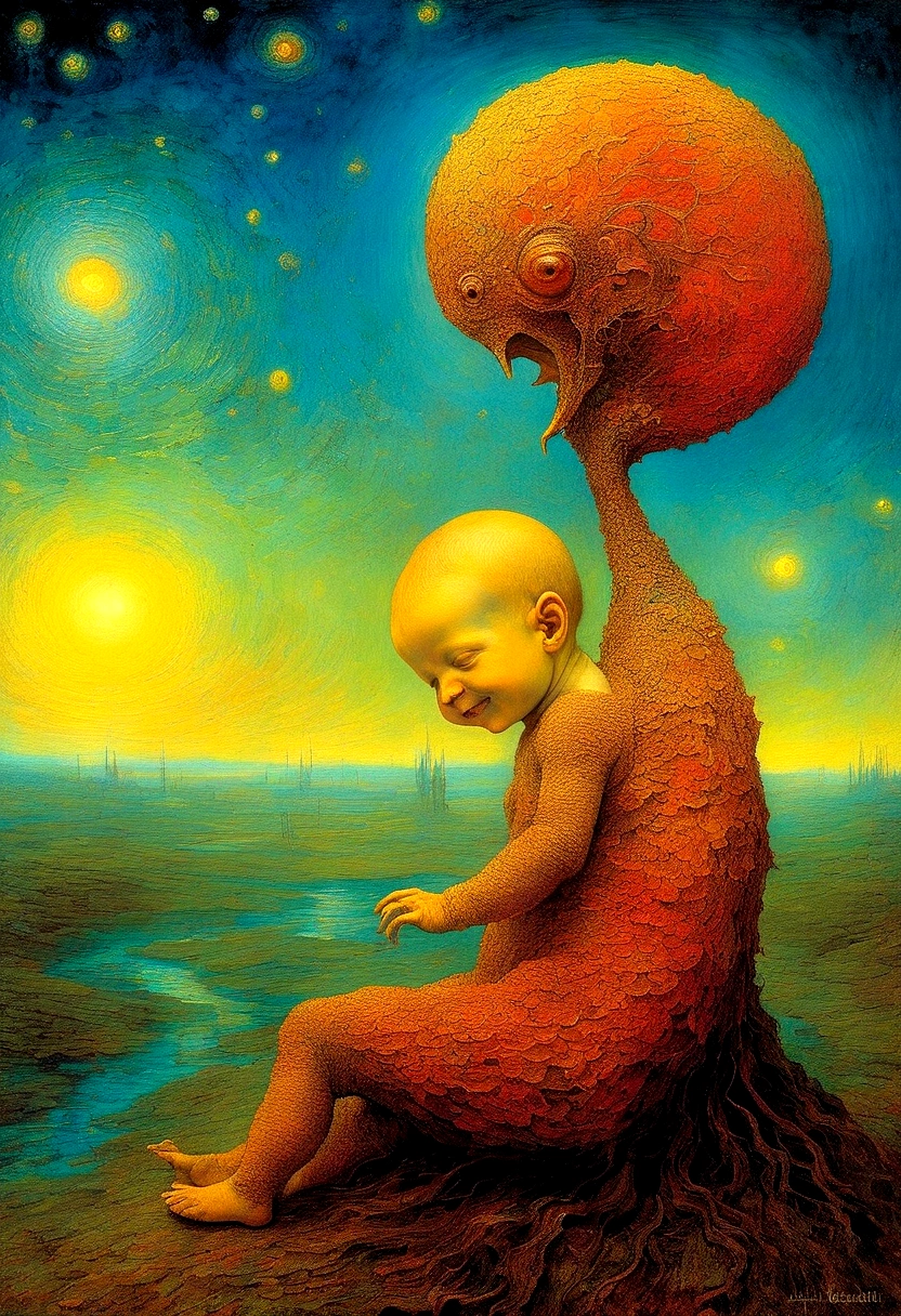 Mythical creatures, author:Zdzislaw Beksiński and Vincent Van Gogh,romantic, Surrealism ,Smiling Baby