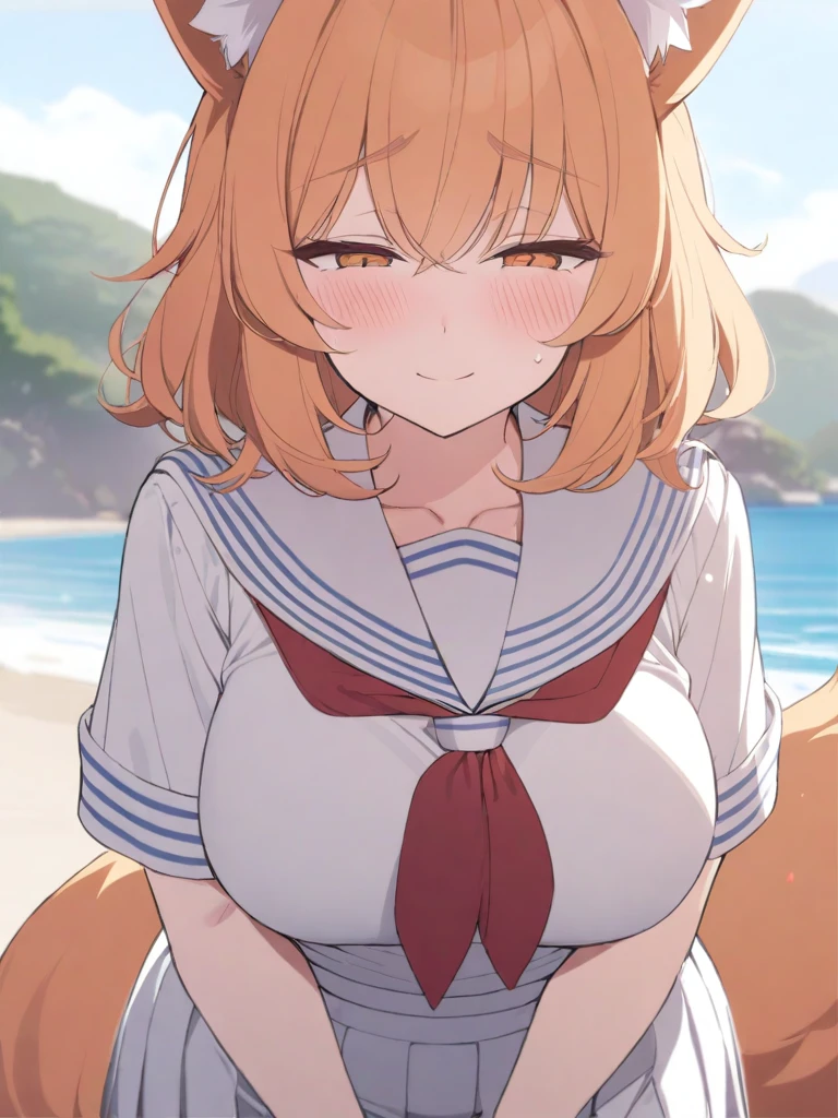 masterpiece, best quality, high quality, beautiful anime character, solo, anime girl with orange hair, messy hair, medium length hair, orange eyes, fox ears, big breasts, mature female, tall female, big girl, thick, (shy face, blush, light smile, loving eyes), outdoors, (sailor uniform, ribbon, pleated skirt), beach background, standing, slim thick, short medium hair, navel, short sleeves, huge orange fox tail, 