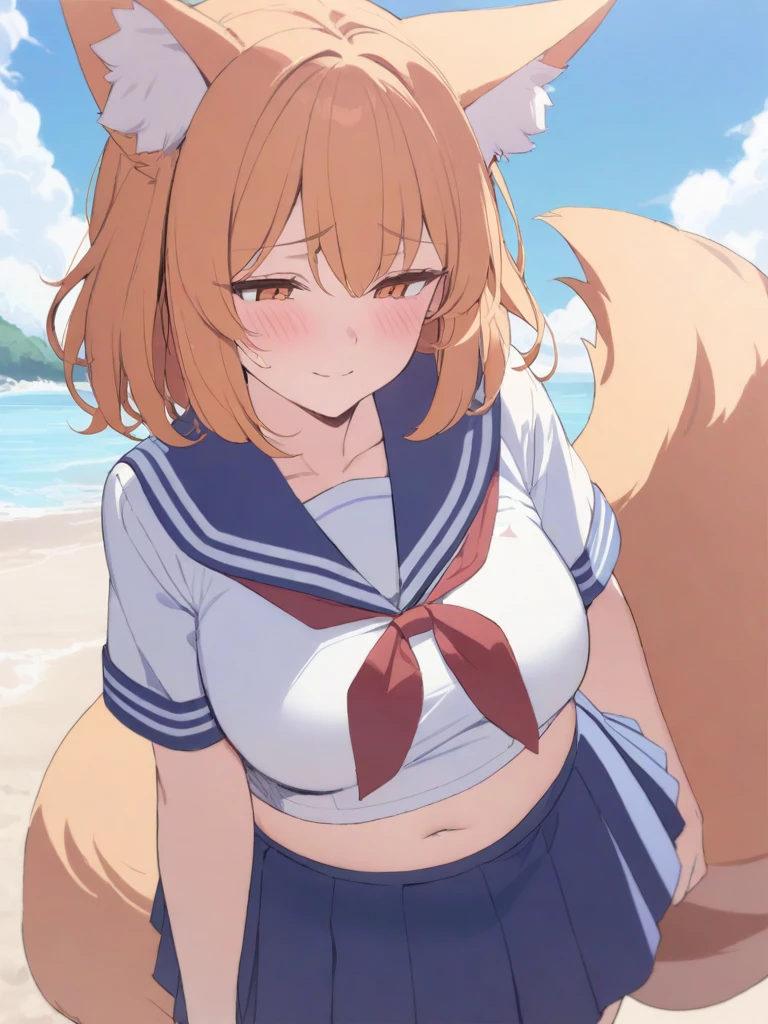 masterpiece, best quality, high quality, beautiful anime character, solo, anime girl with orange hair, messy hair, medium length hair, orange eyes, fox ears, big breasts, mature female, tall female, big girl, thick, (shy face, blush, light smile, loving eyes), outdoors, (sailor uniform, ribbon, pleated skirt), beach background, standing, slim thick, short medium hair, navel, short sleeves, huge orange fox tail,