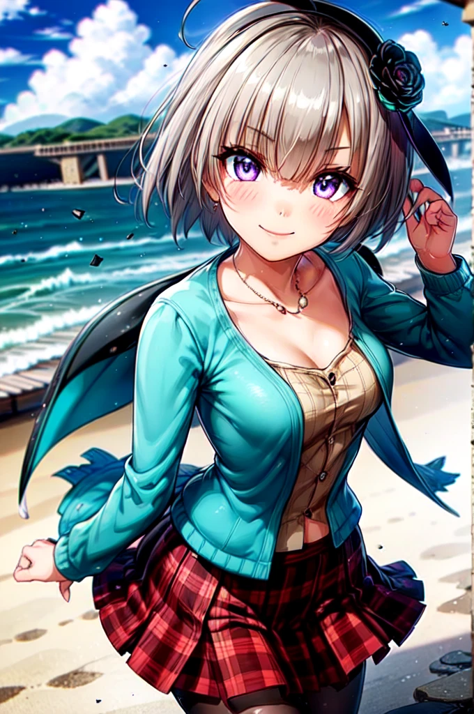 very cute and beautiful girl,(Very exquisite beautiful face and eyes),skirt、pantyhose、short hair、Plaidskirt、Plaid、Purple Eyes、whole body、shoes、、Ahoge、holster、hair ornaments、Viewer&#39;s Eyes、太ももholster、Are standing、Thigh straps、loafers、プリーツskirt、白pantyhose、neckerchief、Serafuku、赤いskirt、Long sleeve、Sailor collar、Gray Hair、Right hand、Holding a gun、go ahead、action、barrel、pistol、grip、posture、lift
(smile:1.2),Happy,View your viewers,Cowboy Shot,Detailed legs,Beach,Tropical Resort,
(Highest quality,masterpiece),Absurd,High resolution,Super detailed,Very detailed,32k,8K resolution,
Intricate details,Movie Scenes,Detailed Background,alone,Dynamic Angle,
Natural light,Hair blowing in the wind,Beautifully detailed skies,