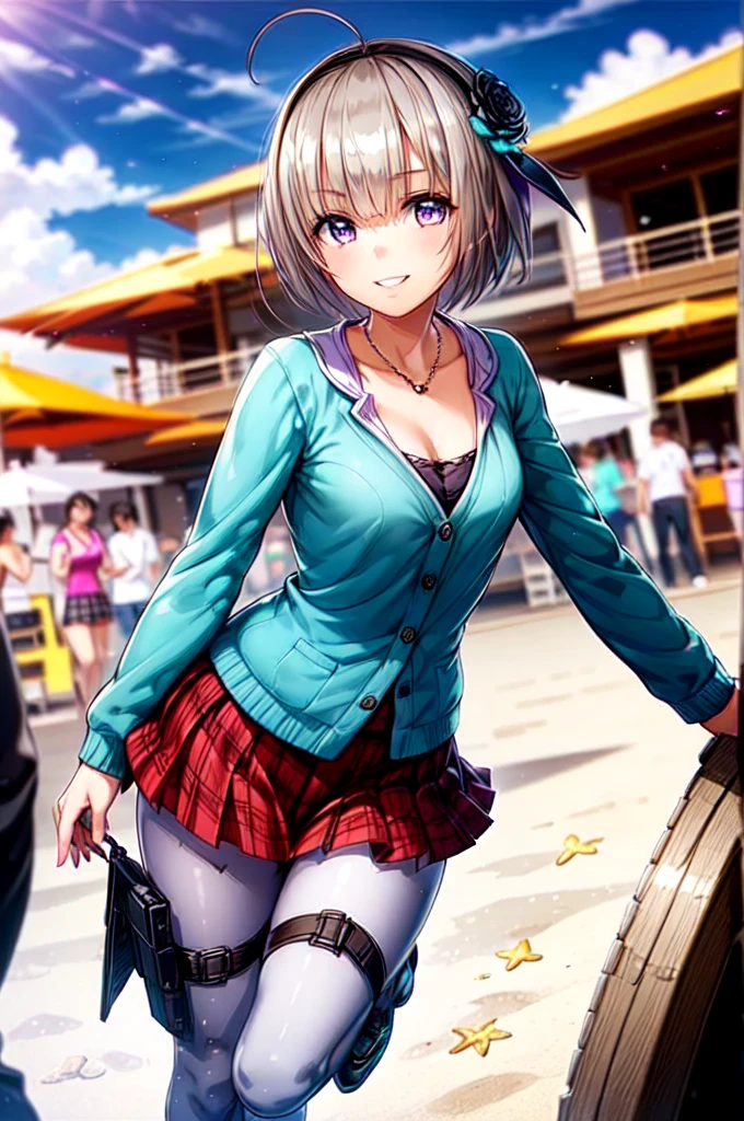 very cute and beautiful girl,(Very exquisite beautiful face and eyes),skirt、pantyhose、short hair、Plaidskirt、Plaid、Purple Eyes、whole body、shoes、、Ahoge、holster、hair ornaments、Viewer&#39;s Eyes、太ももholster、Are standing、Thigh straps、loafers、プリーツskirt、白pantyhose、neckerchief、Serafuku、赤いskirt、Long sleeve、Sailor collar、Gray Hair、Right hand、Holding a gun、go ahead、action、barrel、pistol、grip、posture、lift
(smile:1.2),Happy,View your viewers,Cowboy Shot,Detailed legs,Beach,Tropical Resort,
(Highest quality,masterpiece),Absurd,High resolution,Super detailed,Very detailed,32k,8K resolution,
Intricate details,Movie Scenes,Detailed Background,alone,Dynamic Angle,
Natural light,Hair blowing in the wind,Beautifully detailed skies,