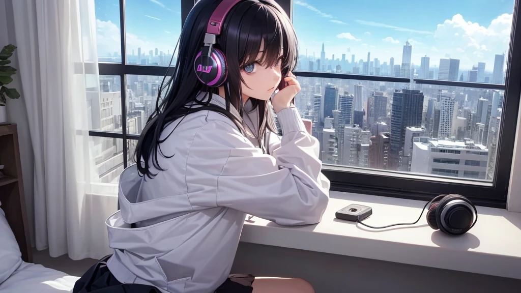 Ultra-high resolution, 8K, (Official Art, beautifully、mysterious:1.2), Anime Art Wallpaper, Works by Makoto Xin Haicheng, Lofi Art Style, Lo-fi feel, Perfect human body composition, Perfect skeleton, Impressive eyes, Oversized hoodie and short skirt, Shiny long black hair, Larger than average bust, Girl listening to music with headphones, Looking out the window, City Room, A room for music lovers, city view from the window, Impressive cityscape, Bright Sky