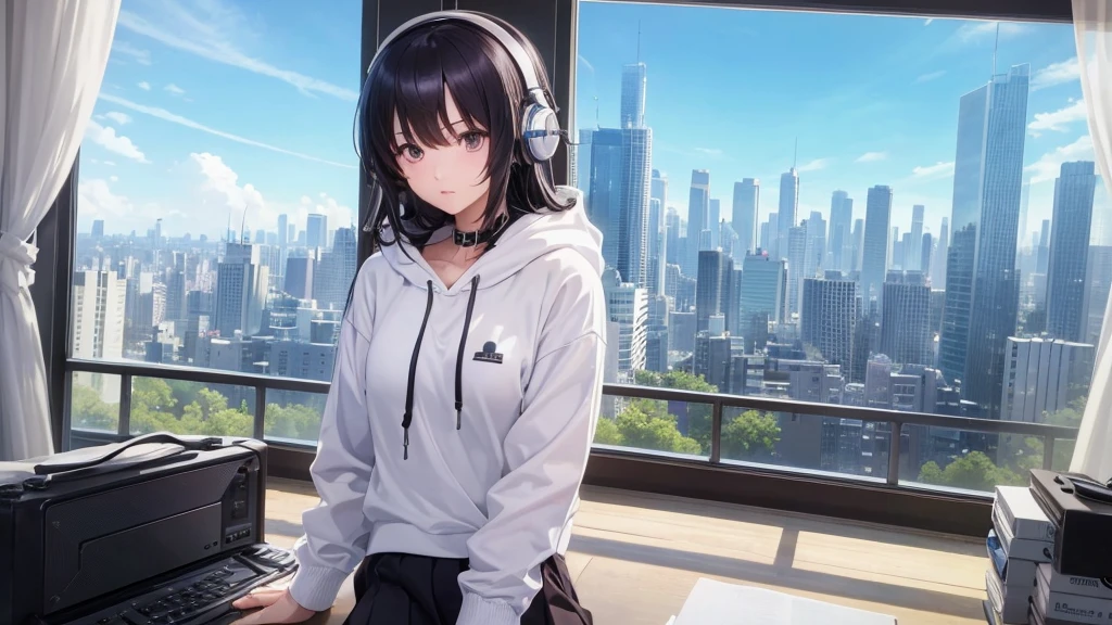 Ultra-high resolution, 8K, (Official Art, beautifully、mysterious:1.2), Anime Art Wallpaper, Works by Makoto Xin Haicheng, Lofi Art Style, Lo-fi feel, Perfect human body composition, Perfect skeleton, Impressive eyes, Oversized hoodie and short skirt, Shiny long black hair, Larger than average bust, Girl listening to music with headphones, Looking out the window, City Room, A room for music lovers, city view from the window, Impressive cityscape, Bright Sky