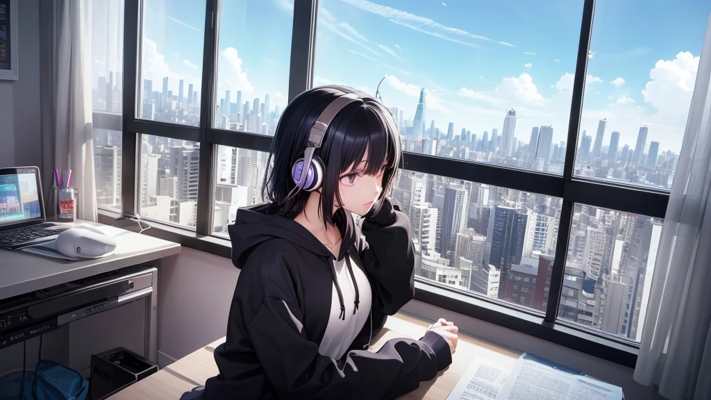 Ultra-high resolution, 8K, (Official Art, beautifully、mysterious:1.2), Anime Art Wallpaper, Works by Makoto Xin Haicheng, Lofi Art Style, Lo-fi feel, Perfect human body composition, Perfect skeleton, Impressive eyes, Oversized hoodie and short skirt, Shiny long black hair, Larger than average bust, Girl listening to music with headphones, Looking out the window, City Room, A room for music lovers, city view from the window, Impressive cityscape, Bright Sky