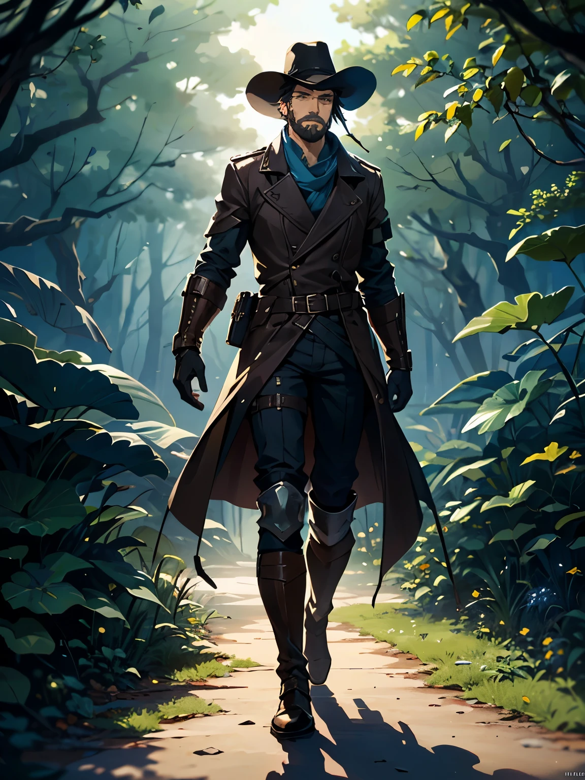 Masterpiece, best quality, 1_man, handsome, full body, looking away from camera, intrigued expression, (smirk on face), black hair, medium hair length, blue eyes, scruffy beard, wearing leather body armor, dark pants, dark brown trench coat, black wide-brimmed hat, black gloves, one robotic arm, blue bandit scarf around neck, knee pads, tall leather boots, gears, belts, (forest), steampunk, Portrait, color difference, Depth of field, dramatic shadows, Ray tracing, Best quality, Cinematic lighting ,official art,