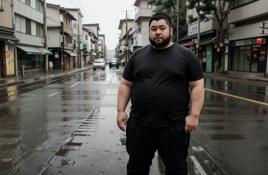 a 29-year-old Japanese chubby, wearing black pants, stands by the road. stocky bit chubby short beard very short hair rain