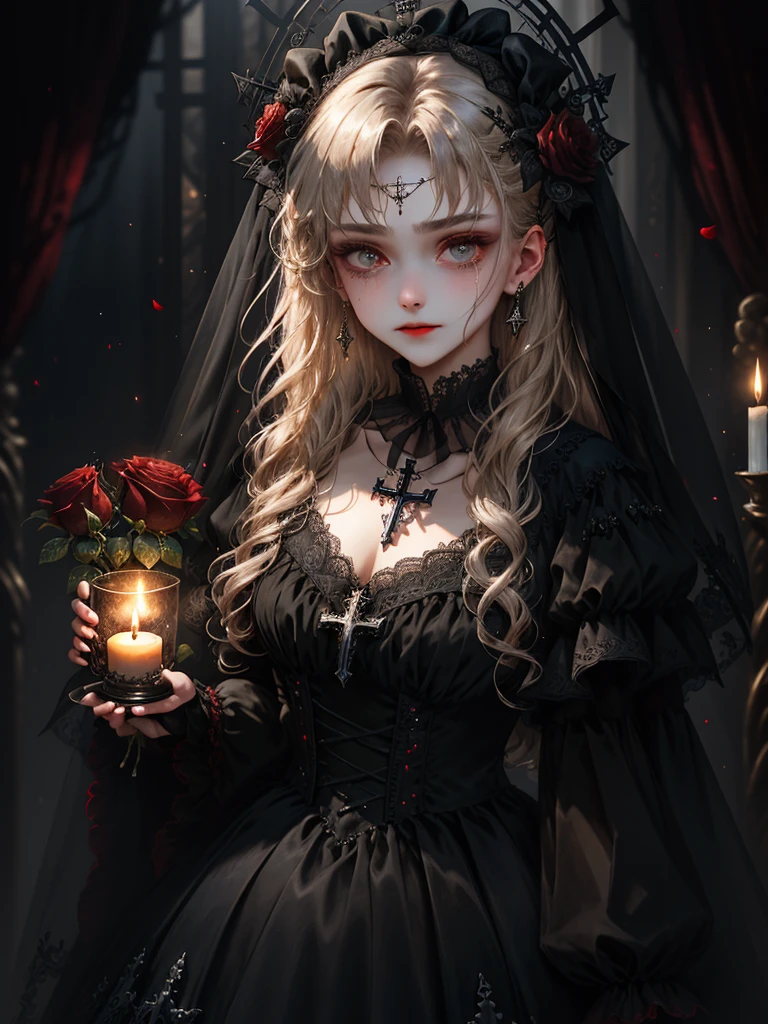 HighestQuali，tmasterpiece：1.2，Detailed details，1 Gothic girl，Crying face,Black wedding dress，Gorgeous headdress，Bust，Rose flower，crosses，silver ornaments、brunette color hair、redheadwear、blond hairbl、paleskin、Black lipstick and eye shadow，Accessories include the Cross Medal，pentacle，crosses，cloaks，Shawl，sexly，chies，a lit candle,Requiem,Red Rose