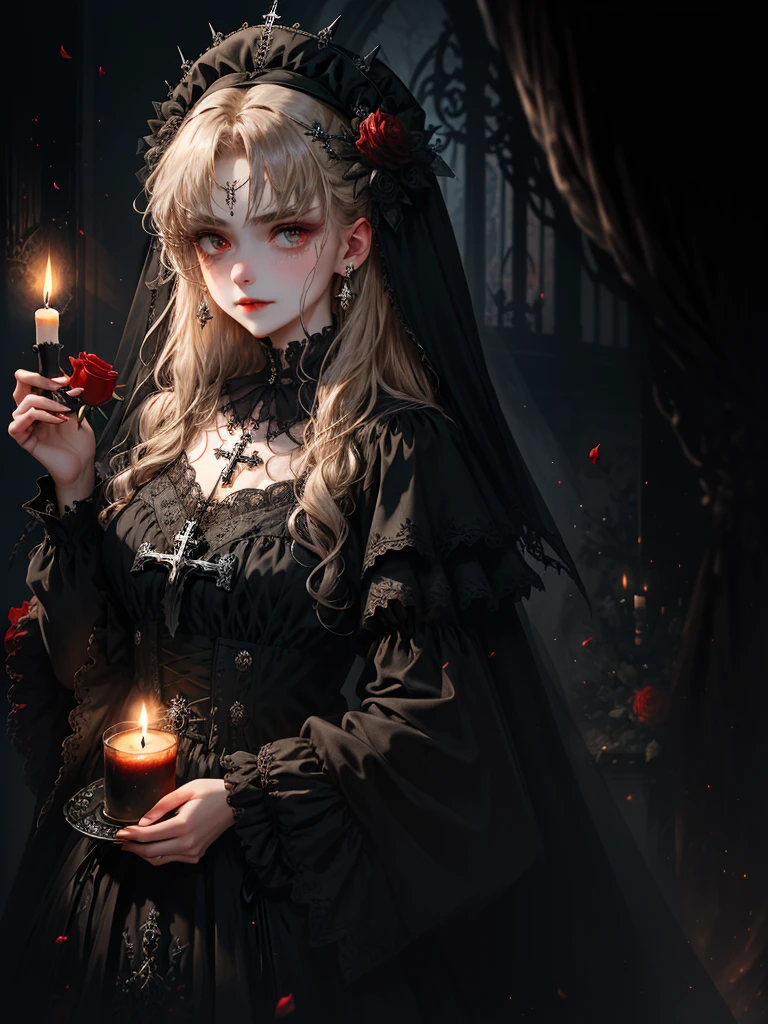 HighestQuali,tmasterpiece:1.2,Detailed details,1 Gothic girl,Crying face,Black wedding dress,Gorgeous headdress,Bust,Rose flower,crosses,silver ornaments、brunette color hair、redheadwear、blond hairbl、paleskin、Black lipstick and eye shadow,Accessories include the Cross Medal,pentacle,crosses,cloaks,Shawl,sexly,chies,a lit candle,Requiem,Red Rose