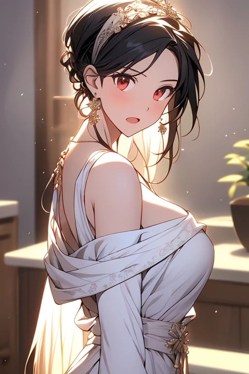 masterpiece, yor, 1girl, Bust A Cup, Amazing Cleavage:1.3, thin waist, big ass, Raised sexy, big breast: 1.2 posed cleavage:1.2、solo, looking at viewer, open mouth, have a cute grass of cute beergrass,black hair, red eyes, dress, bare shoulders, jewelry, collarbone, sidelocks, hairband, earrings, indoors, off shoulder, :o, sweater, arms behind back, plant, short hair with long locks, white hairband, off-shoulder dress, sweater dress, off-shoulder sweater, red sweater, big side hair, very long side hair,is rendered in (masterpiece: 1.2, best quality), with (ultra high resolution) and an exquisite (depth of field). This masterpiece is not only visually stunning but also tells,A scene of cooking in the kitchen
