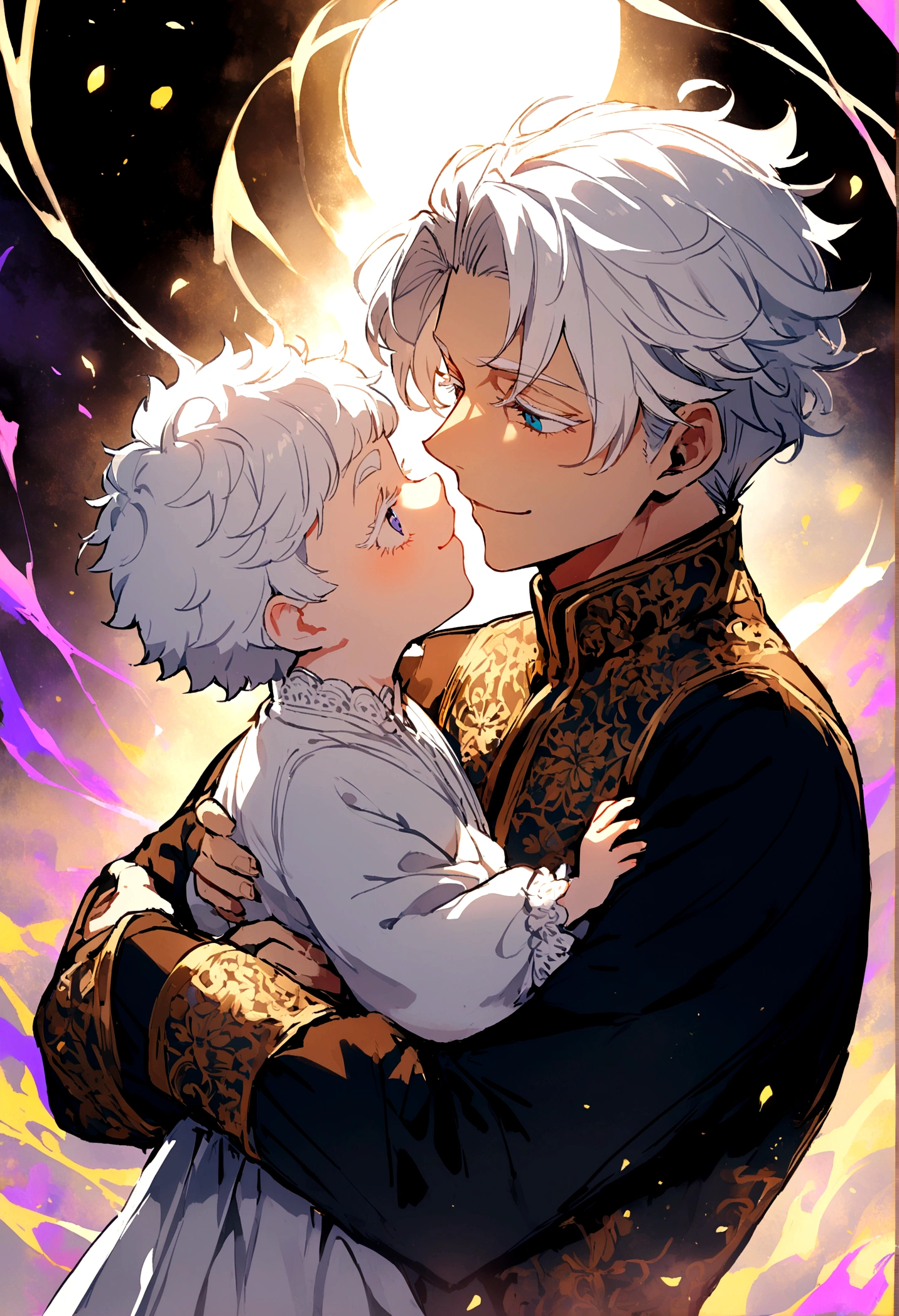 1 man, Satoru gojo, White hair, long white eyelashes, subtle smile, holding a baby in arms facing each other