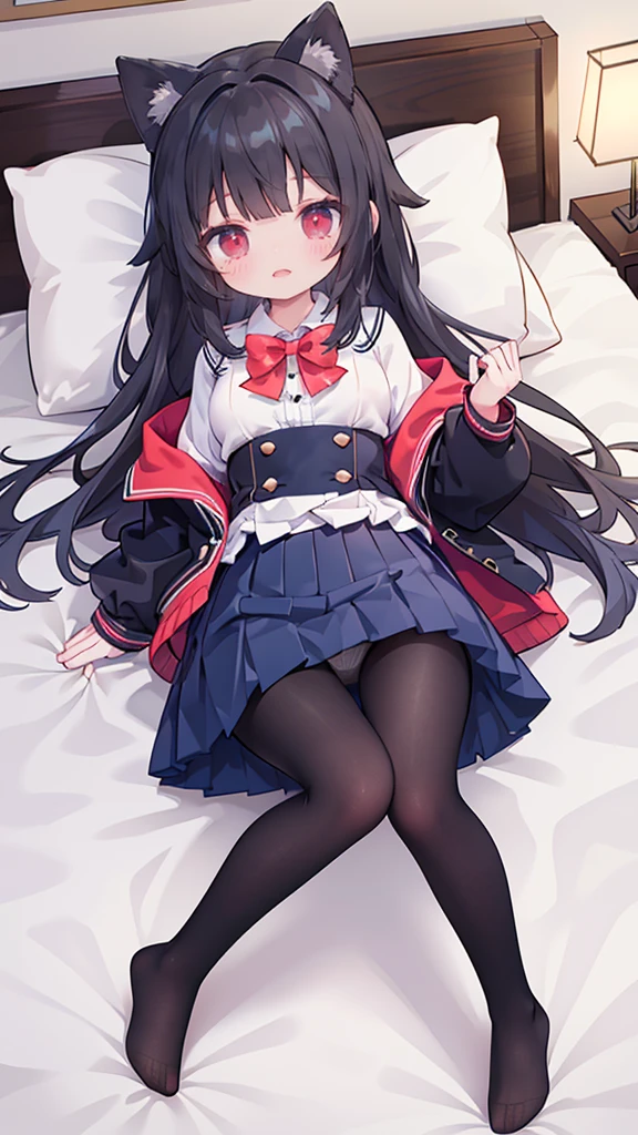 1 Girl,pantyhose,individual,long hair,skirt,Uniforms,blush,,,Jacket,lying down,looking at the audience,black hair,On the back,Red eyes,Bow,Pillow,Black pantyhose、Red Bow,White shirt,under panties,shirt,Long sleeve,No shoes,She was forced to lift her thigh,Pleated skirt with lace-up pantyhose,bangs,Blue Jacket,open mouth,Bow on the bed,Sports Jacket,extra long hair,Elevate your thighs,Feet raised and knees bent躺