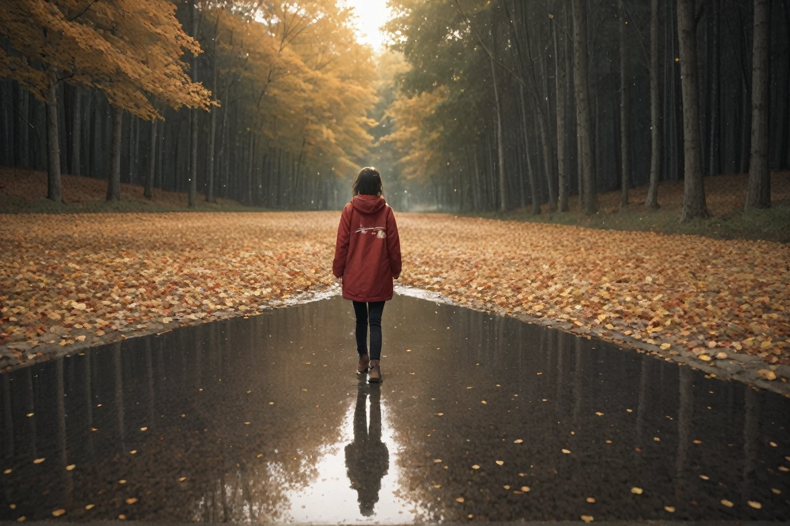 realistic,score_9, score_8_up, score_7_up,
rain style,sunlight,light,puddle,beautiful lighting,blowing,reflection,autumn leaves,maple leaf,red particles,depth of field,forest,