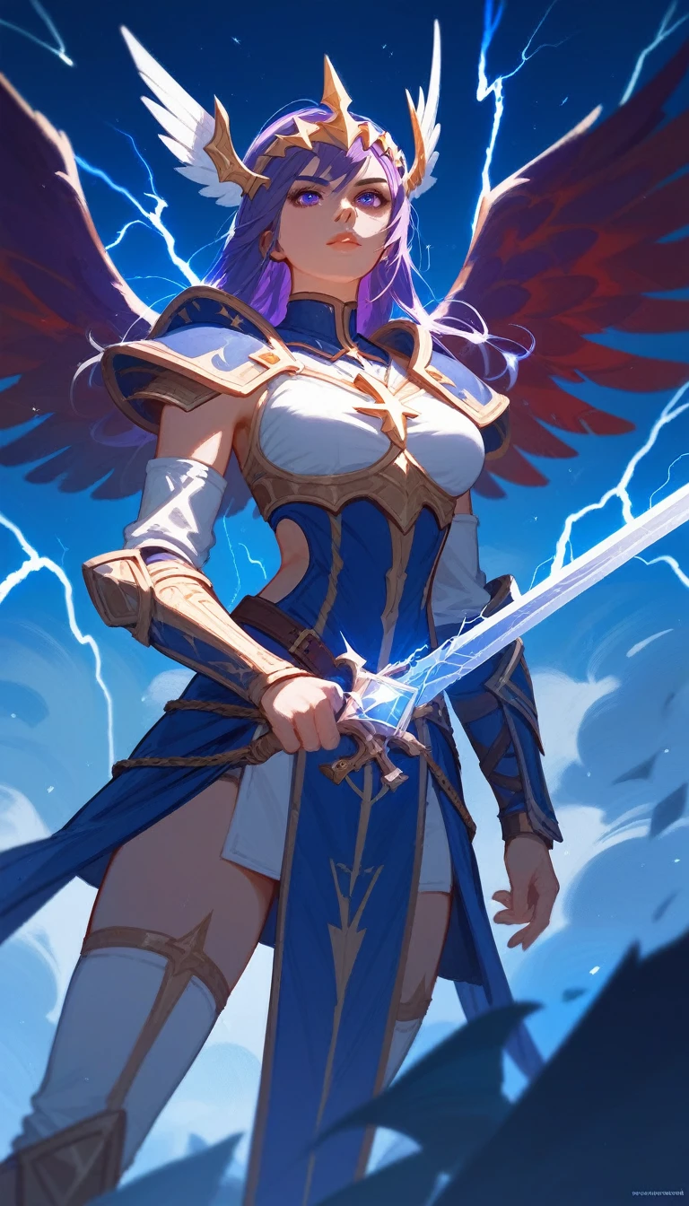 (Fraction_9,Fraction_8_Direction_7_up), ((1 woman))(Close shot),Thor,Purple Lightning,European and American clothing,Valkyrie,Female Warrior,Saint Seiya,