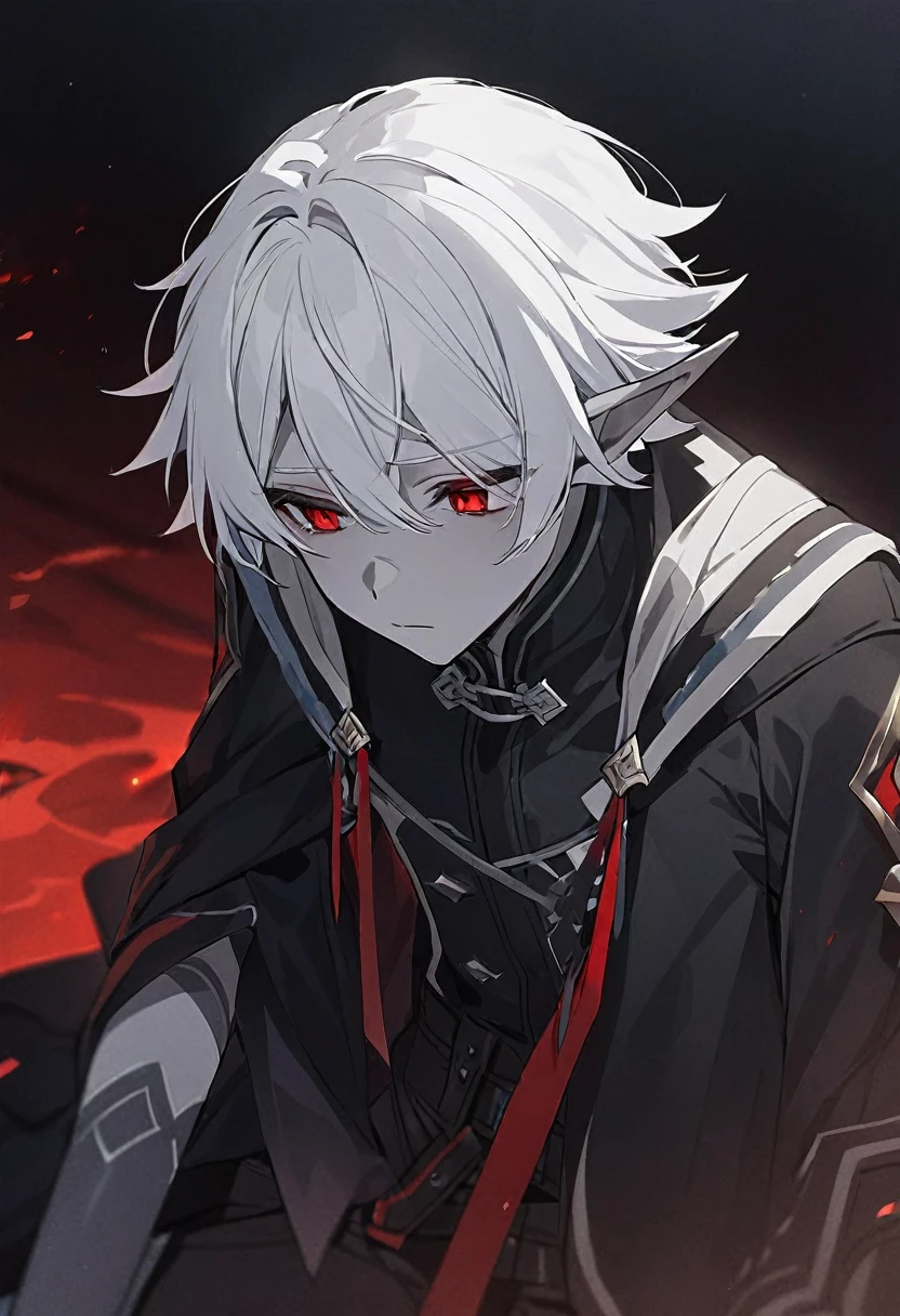 one young elf man, grey skin, short white hair, red eyes dark clothes, tired, sad